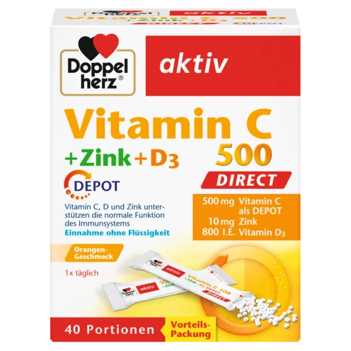 Abbildung der Produktverpackung Doppelherz aktiv Vitamin C 500 DIRECT Frontansicht